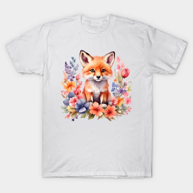 A red fox decorated with beautiful colorful flowers in a watercolor illustration T-Shirt by CreativeSparkzz